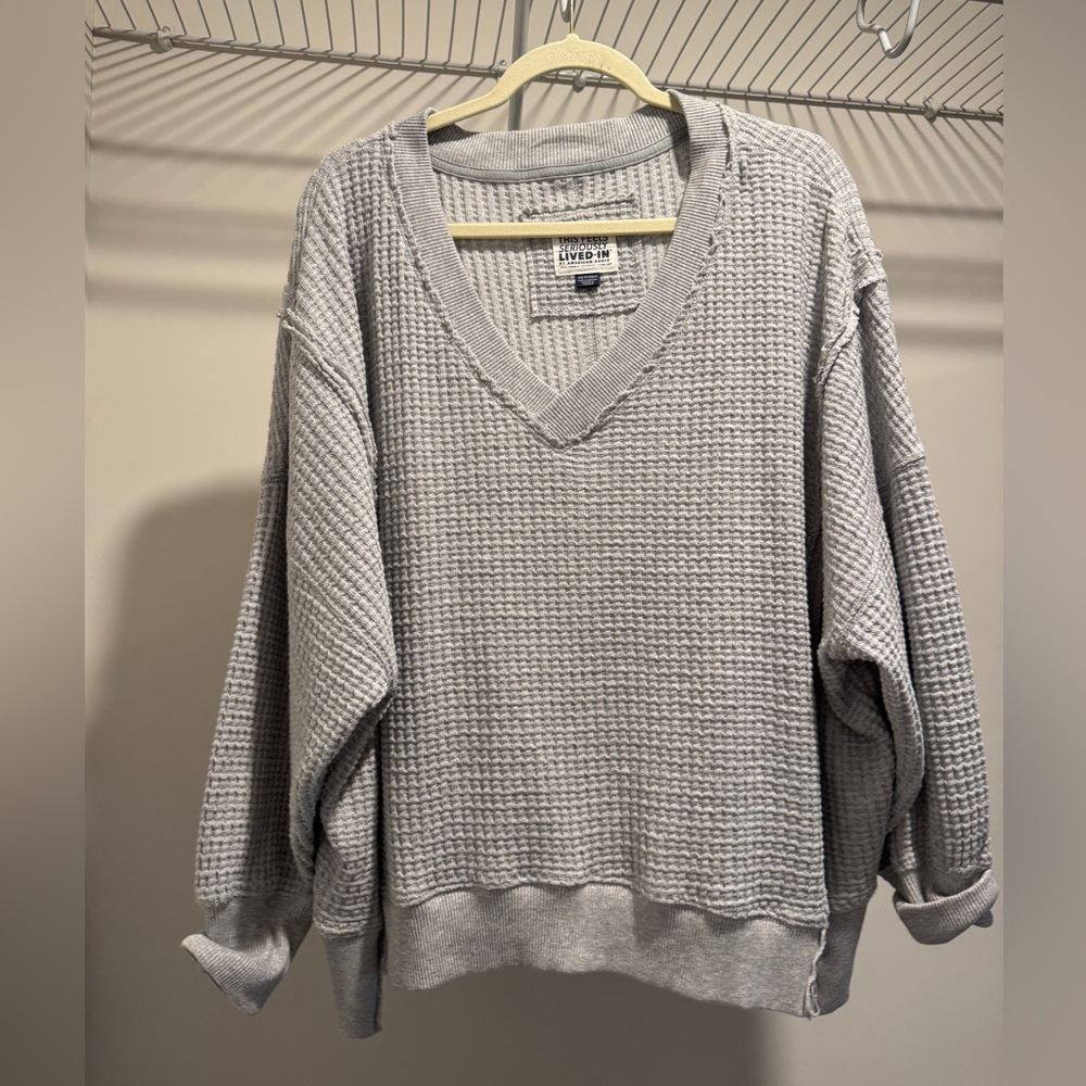 Gray V-Neck Waffle Knit Sweater